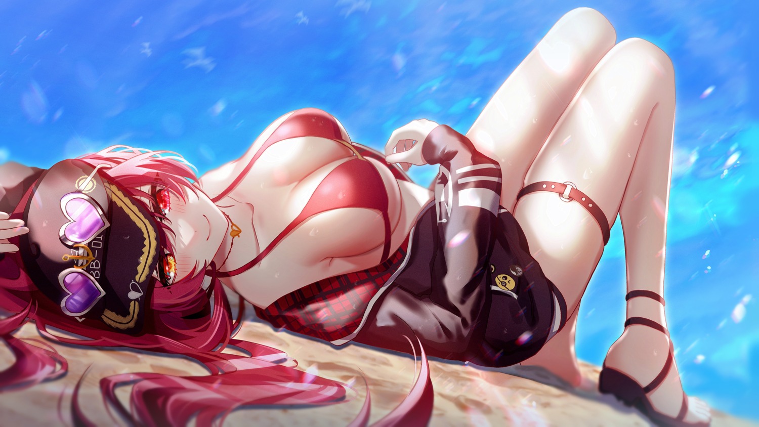 bikini_top, garter, heterochromia, hololive, houshou_marine, llg062666, megane, open_shirt, swimsuits, wallpaper