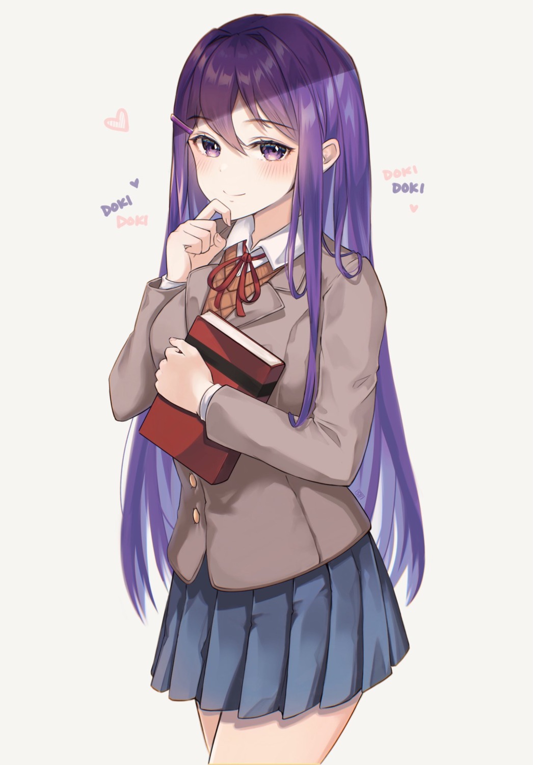 doki_doki_literature_club!, seifuku, soybean_(hisoybean), sweater, yuri_(doki_doki_literature_club!)