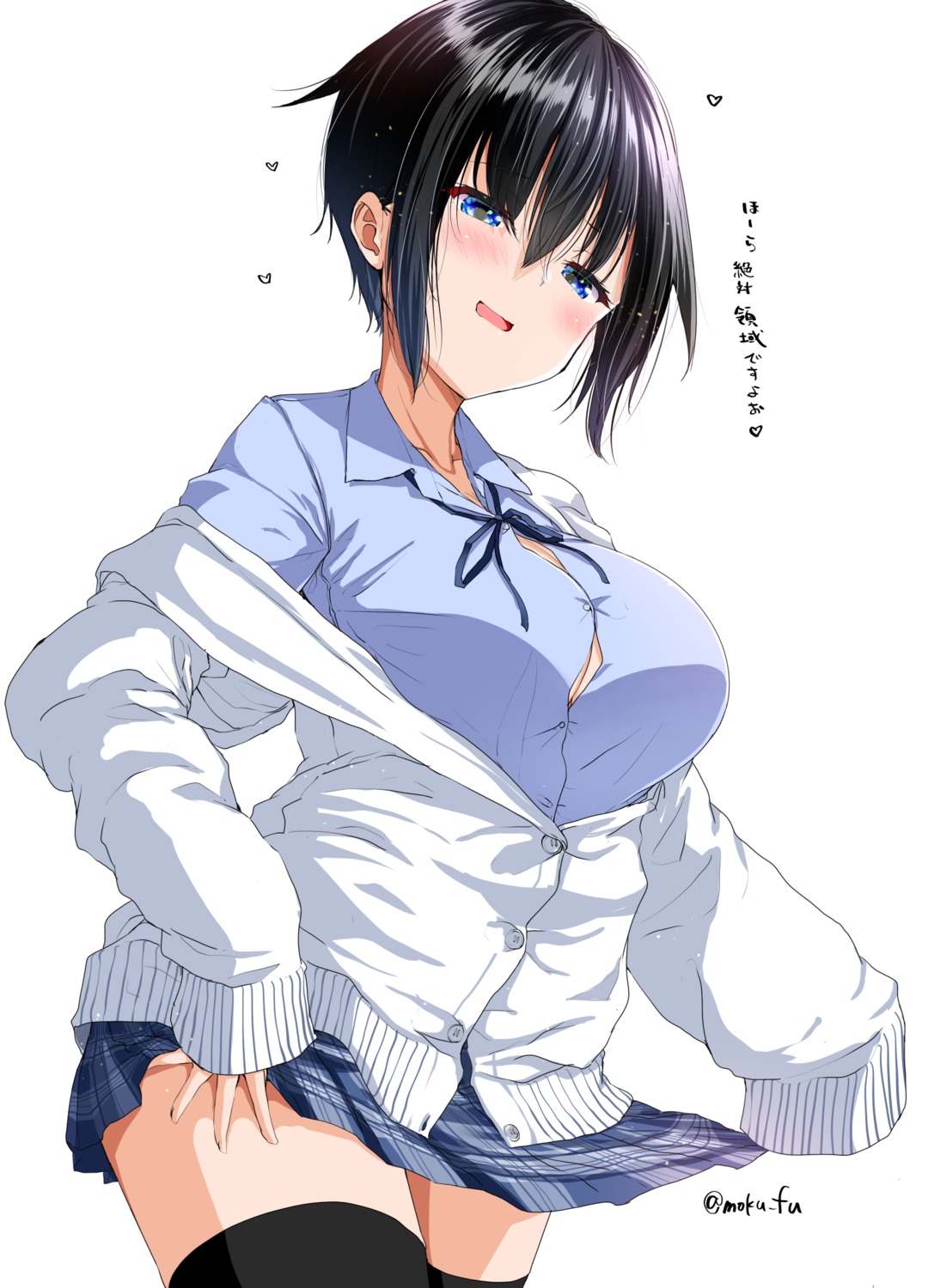 cleavage, mokufuu, seifuku, skirt_lift, sweater, thighhighs