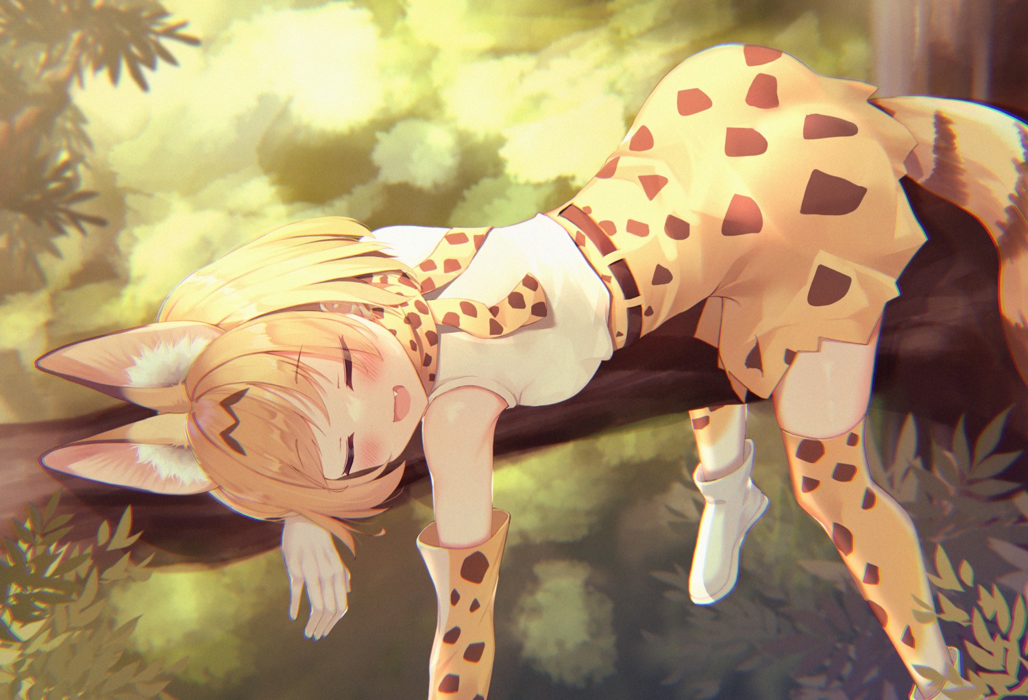animal_ears, bitseon, kemono_friends, serval, skirt_lift, tail, thighhighs