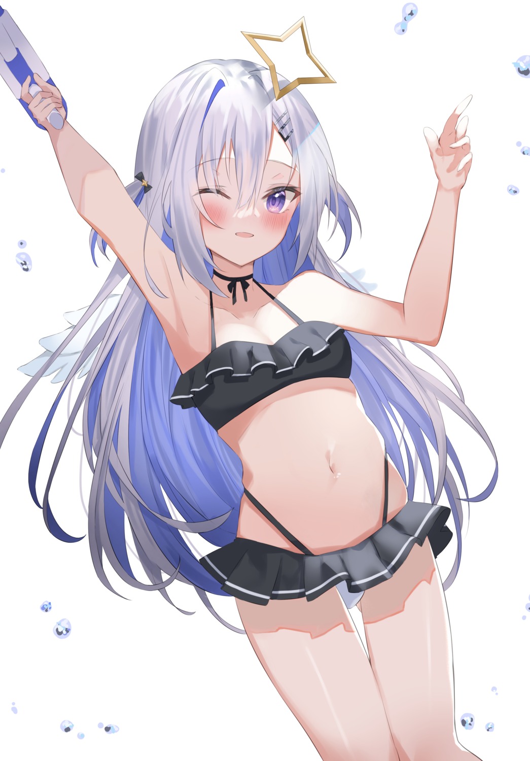 amane_kanata, angel, bikini, gun, hololive, skirt_lift, sutei_(arece15), swimsuits
