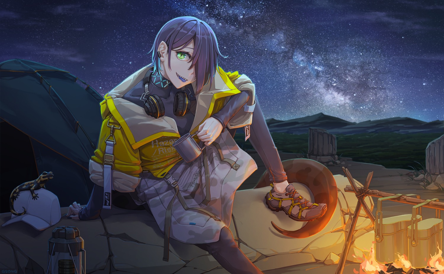 arknights, asbestos_(arknights), gsong, headphones, tail