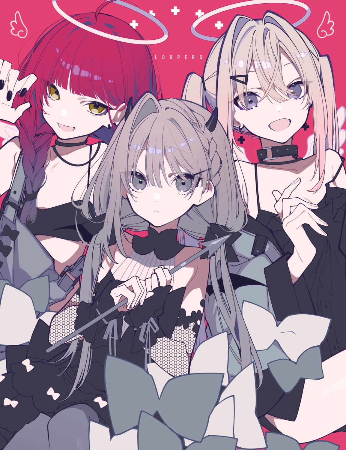 angel, devil, fishnets, fujikawa_mia, hiruda_kiriko, horns, key, loopers, machimura_reona, mochizuki_kei, weapon, wings