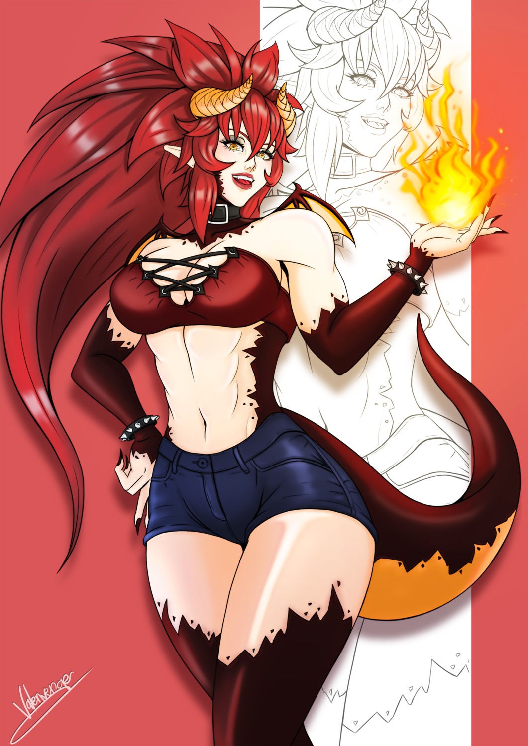 horns, line_art, monster_girl, no_bra, pointy_ears, tail, valenvenge, vshojo