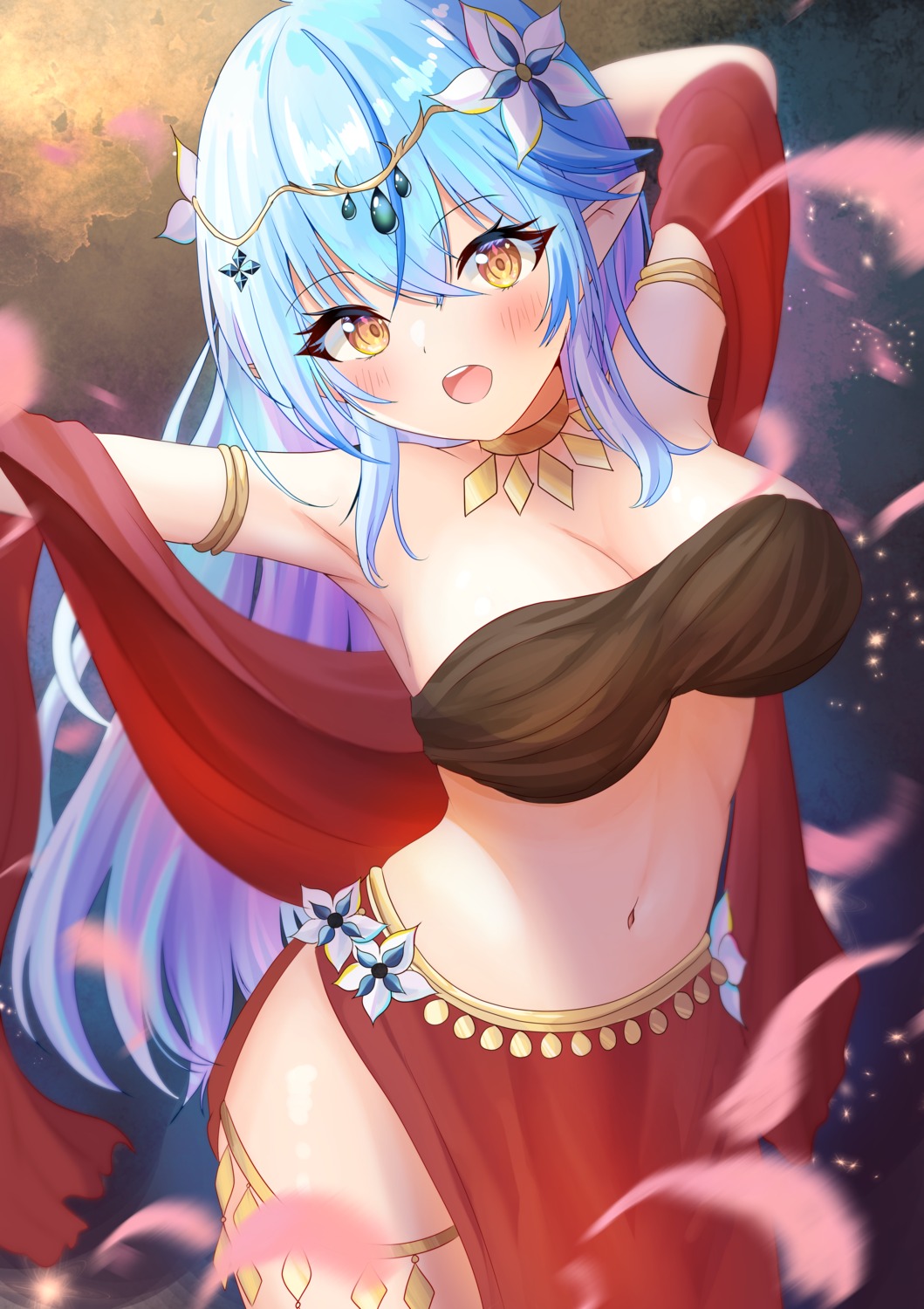 asian_clothes, cleavage, elf, garter, hololive, no_bra, onabe_no_shime, pointy_ears