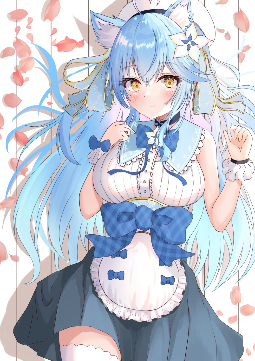 animal_ears, breast_hold, hololive, nekomimi, onabe_no_shime, skirt_lift, thighhighs, yukihana_lamy