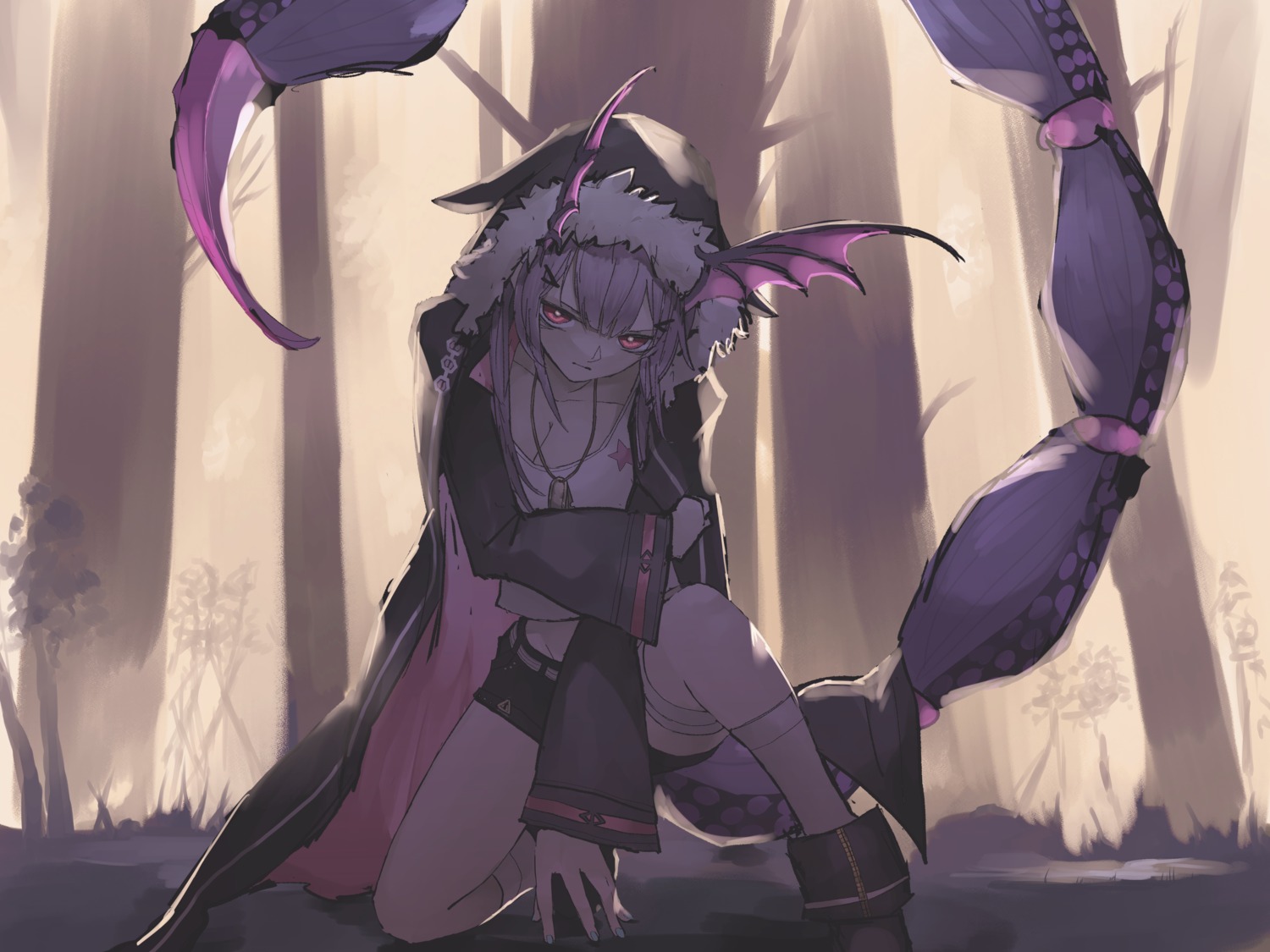 arknights, bandages, cleavage, kensei, manticore_(arknights), tail, wings