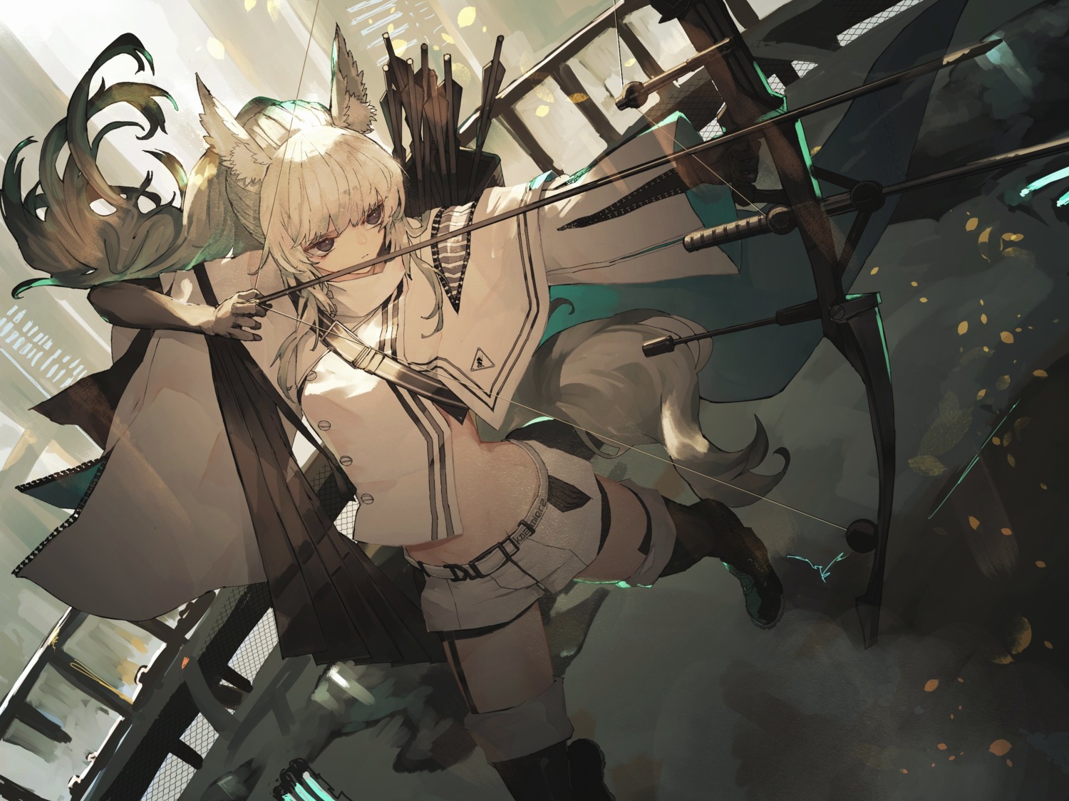 animal_ears, arknights, garter, kensei, platinum_(arknights), stockings, tail, thighhighs, weapon