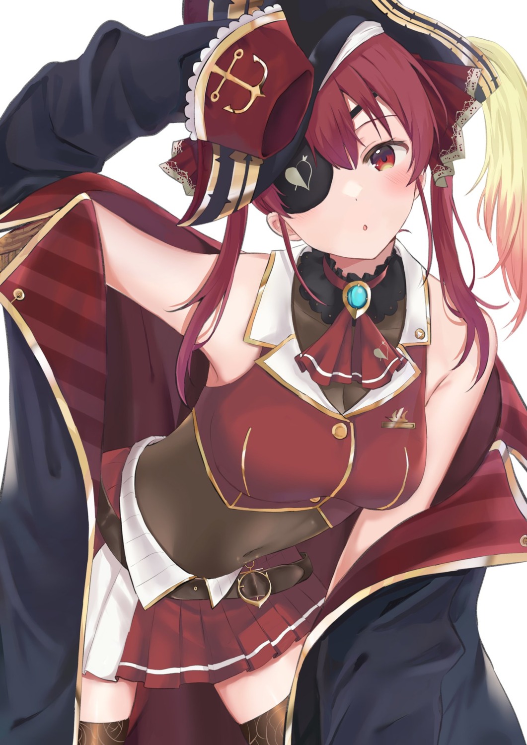 cleavage, eyepatch, hololive, houshou_marine, mashiro, pirate, see_through, thighhighs, uniform