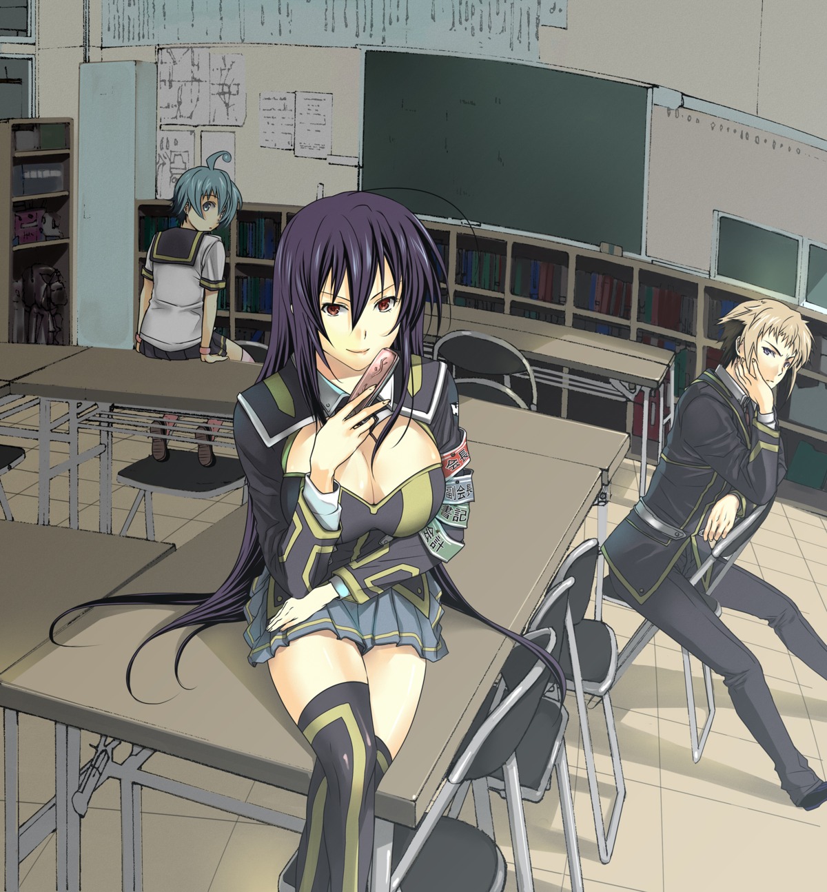 3u, cleavage, hitoyoshi_zenkichi, kurokami_medaka, medaka_box, seifuku, shiranui_hansode, thighhighs