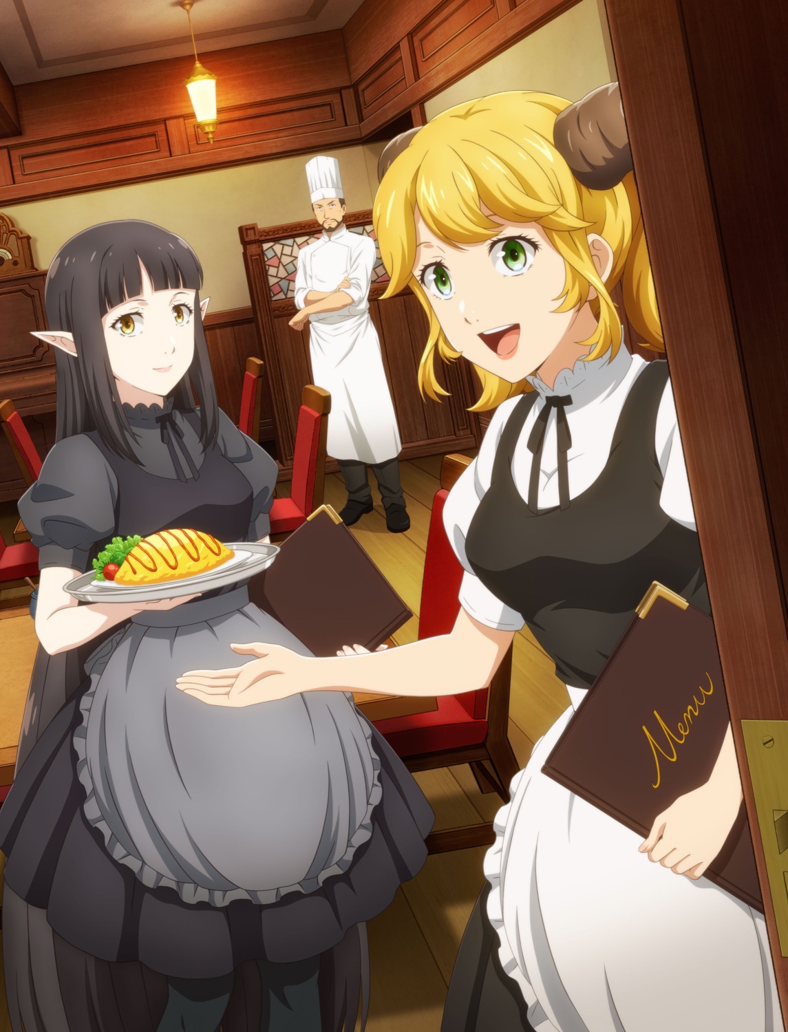 aletta_(isekai_shokudou), horns, isekai_shokudou, kuro_(isekai_shokudou), maid, pointy_ears, tagme, waitress