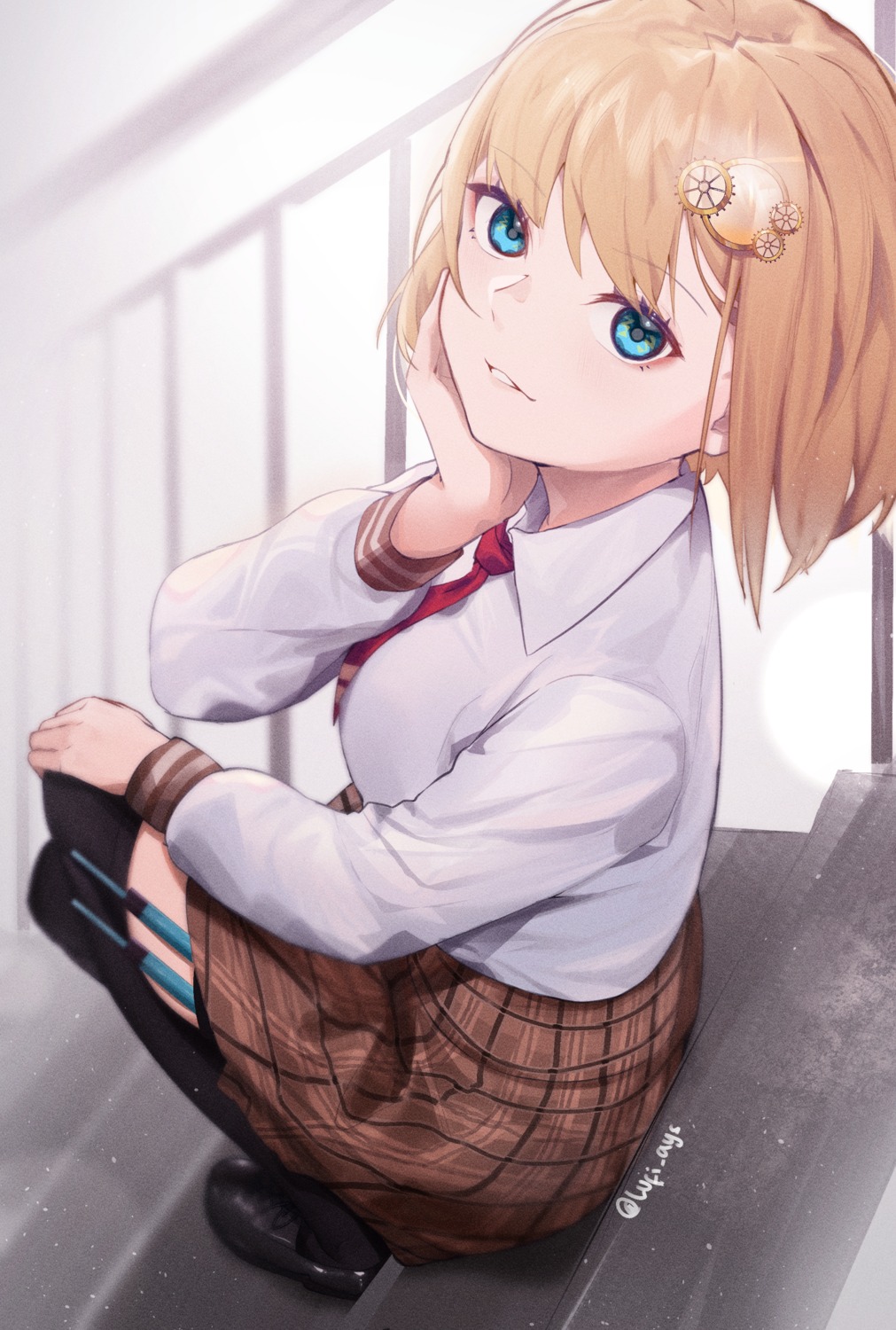 hololive, hololive_english, lufi_ays, seifuku, skirt_lift, thighhighs, watson_amelia