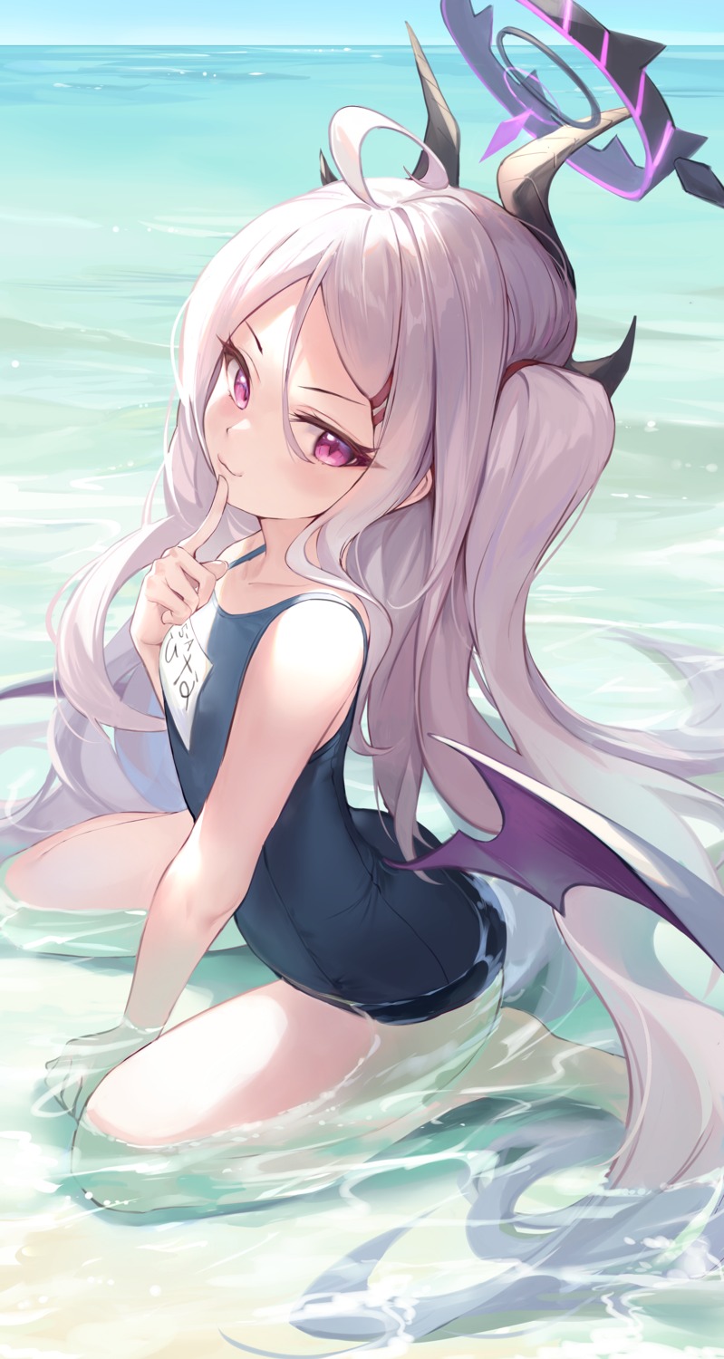blue_archive, devil, halo, horns, pdxen, school_swimsuit, sorasaki_hina, swimsuits