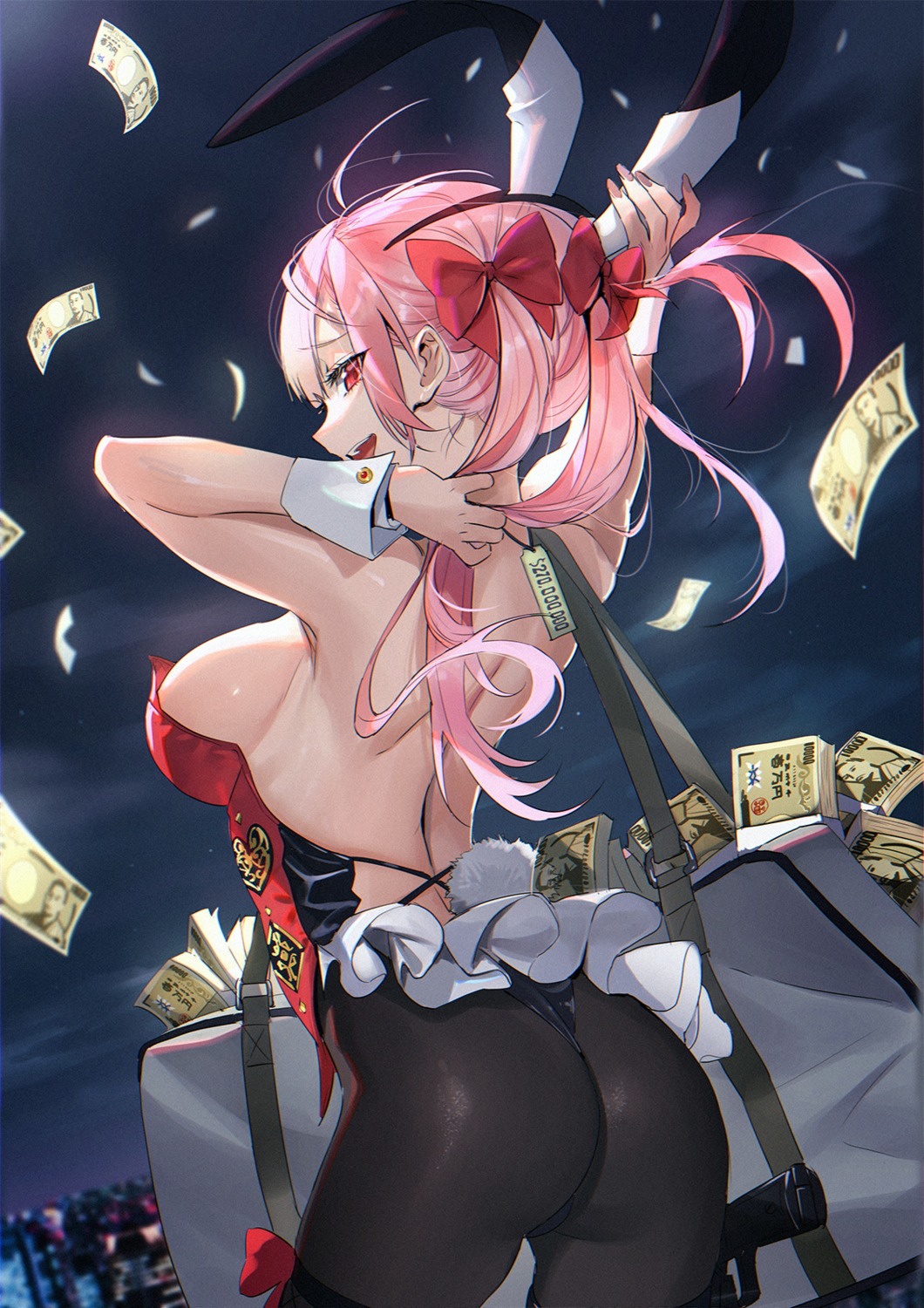animal_ears, ass, bunny_ears, bunny_girl, gun, mhk_(mechamania), no_bra, pantyhose, tail