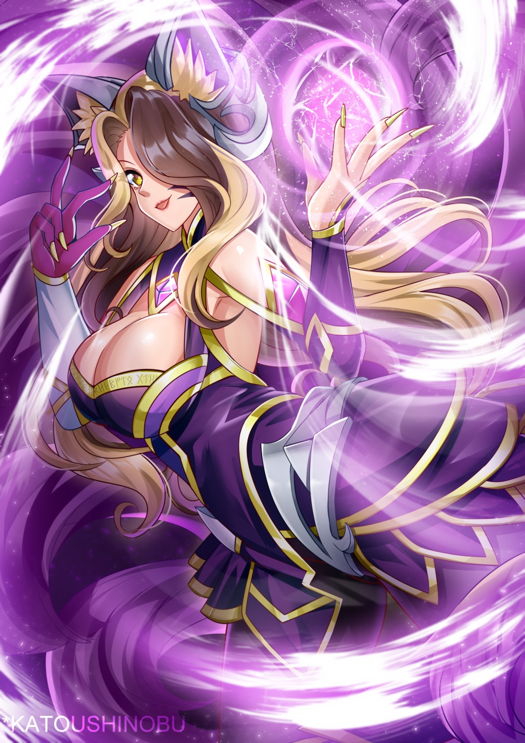 ahri, animal_ears, dress, katou_shinobu, league_of_legends, no_bra, pantyhose, tail