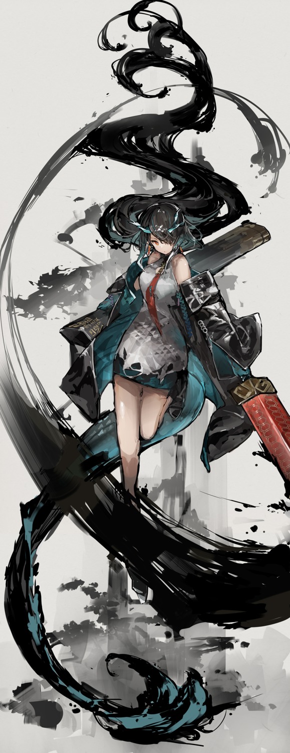 arknights, dress, dusk_(arknights), horns, ph., sword, tail