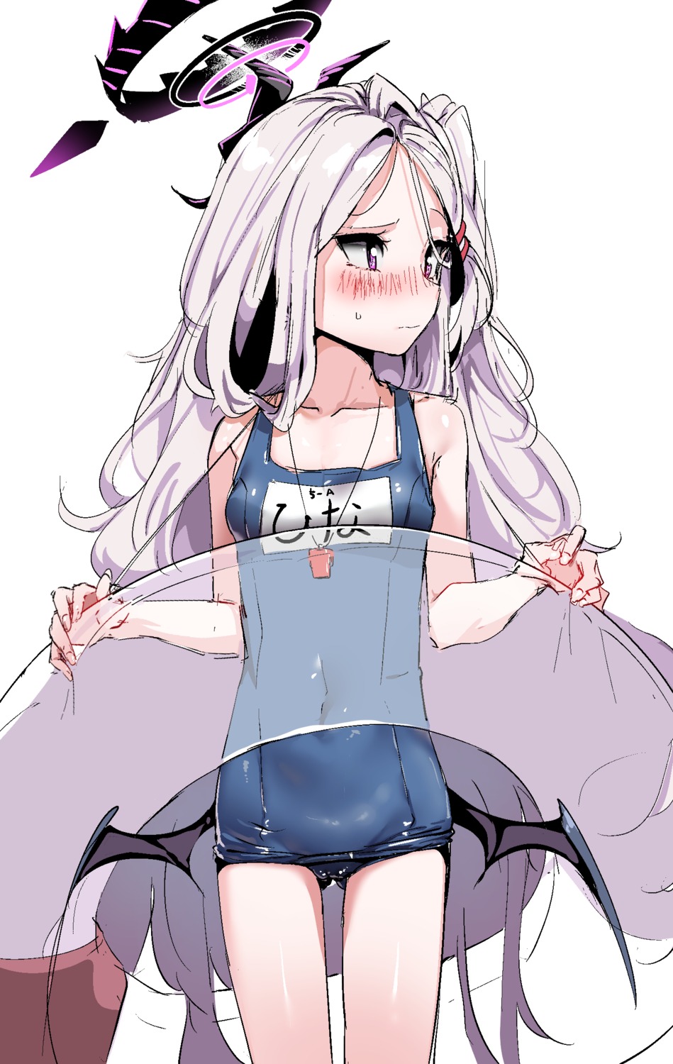 blue_archive, devil, halo, horns, school_swimsuit, sd_bigpie, sorasaki_hina, swimsuits