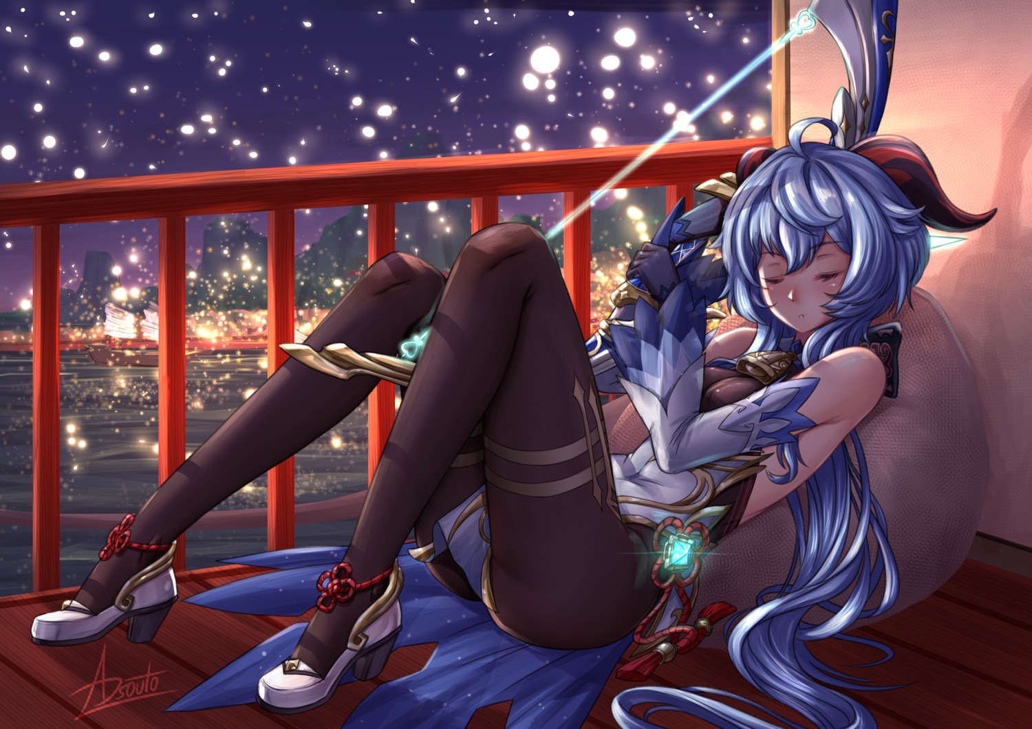 adsouto, asian_clothes, bodysuit, ganyu, garter, genshin_impact, heels, horns