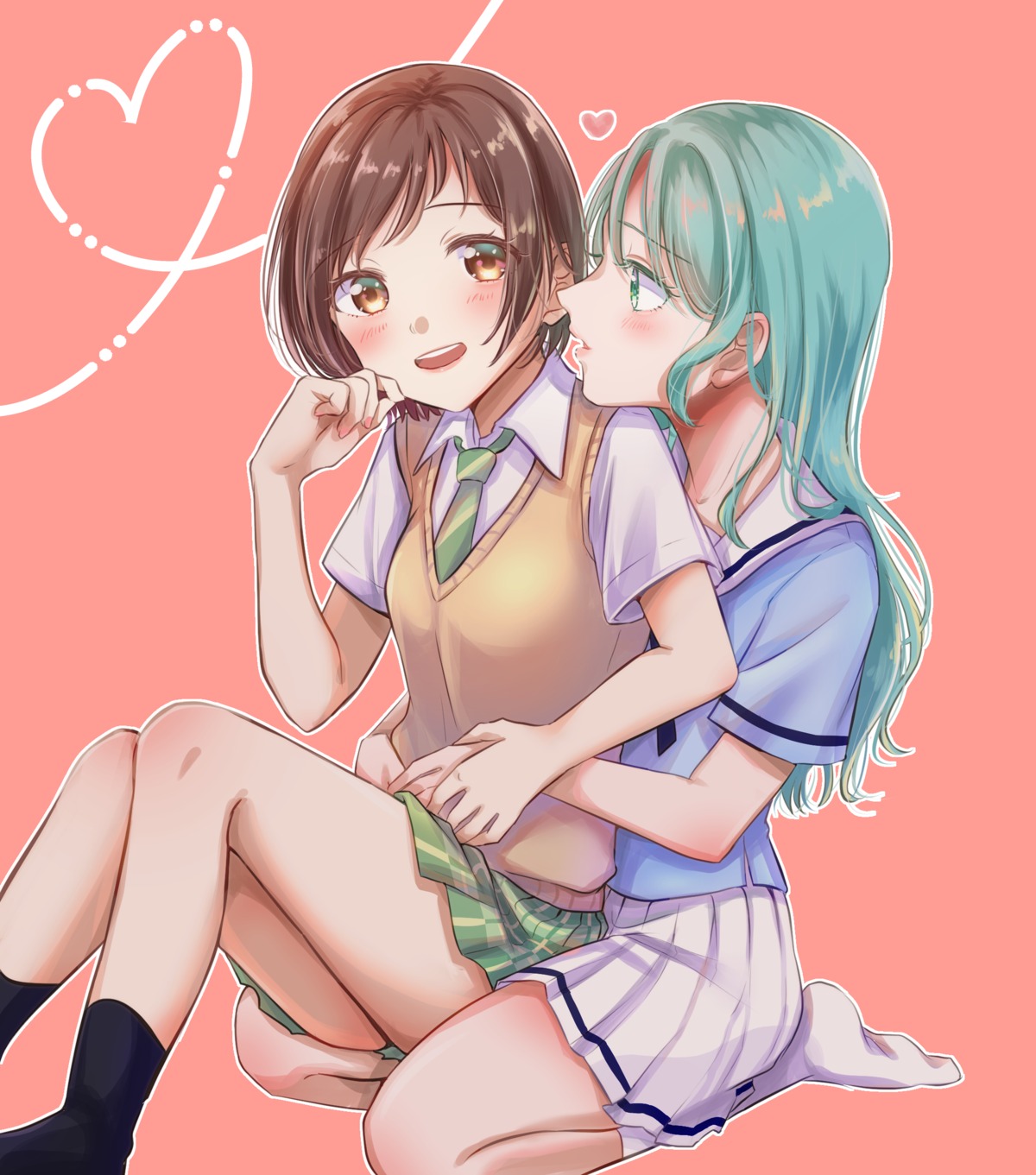 bang_dream!, bang_dream!_episode_of_roselia, chizoku_sawa, hazawa_tsugumi, hikawa_sayo, seifuku, skirt_lift, sweater