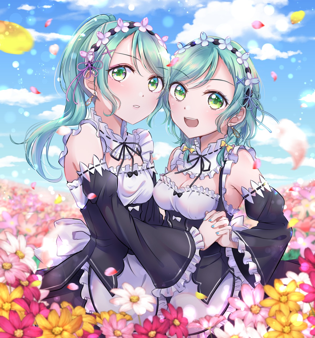 bang_dream!, bang_dream!_episode_of_roselia, chizoku_sawa, cleavage, cosplay, hikawa_hina, hikawa_sayo, maid, ram_(re_zero), re:zero_kara_hajimeru_isekai_seikatsu, rem_(re_zero)