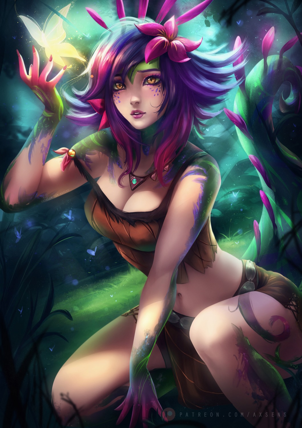 axsens, league_of_legends, monster_girl, neeko, no_bra, tail, tattoo