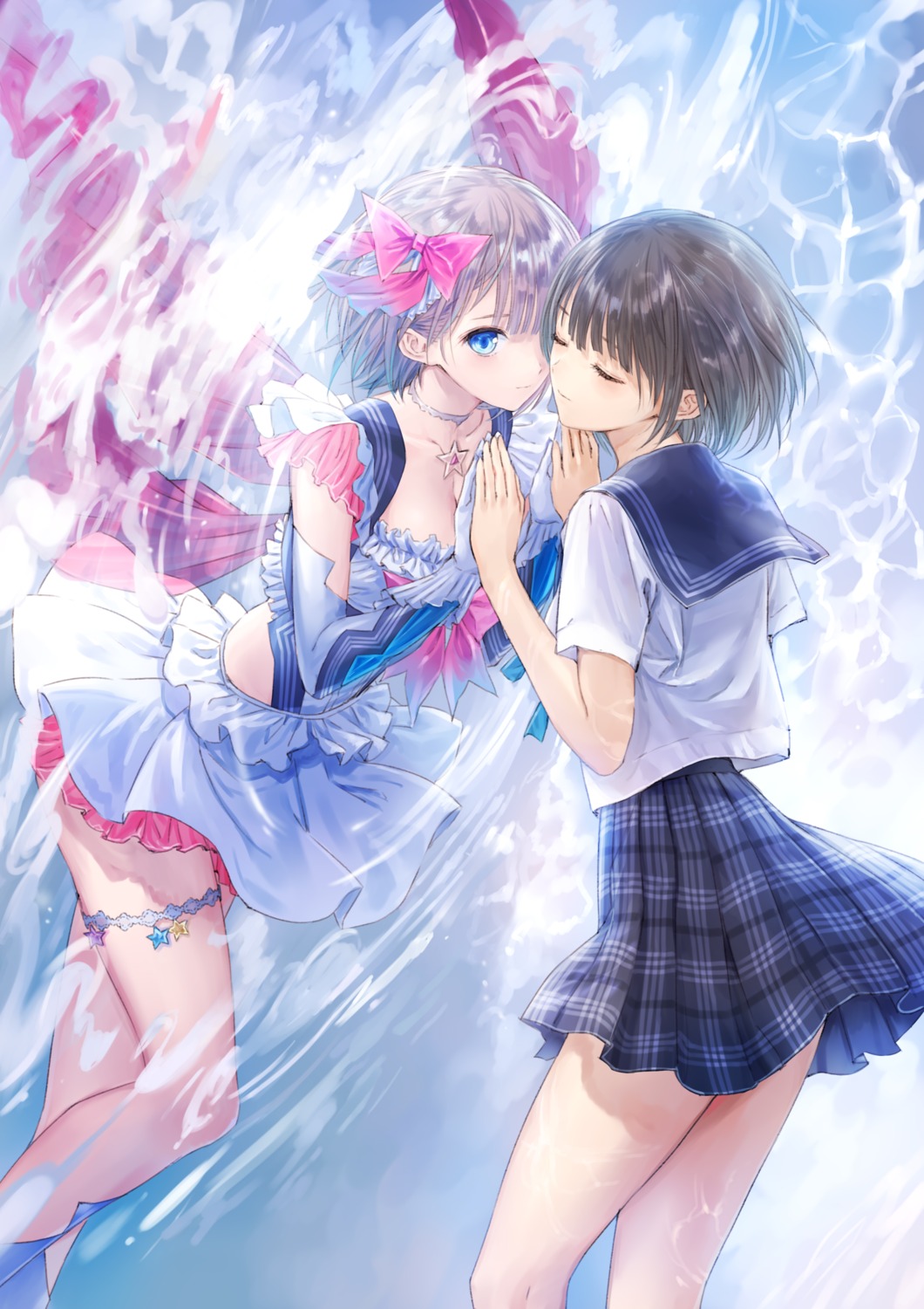 blue_reflection, garter, kishida_mel, seifuku, shirai_hinako, skirt_lift
