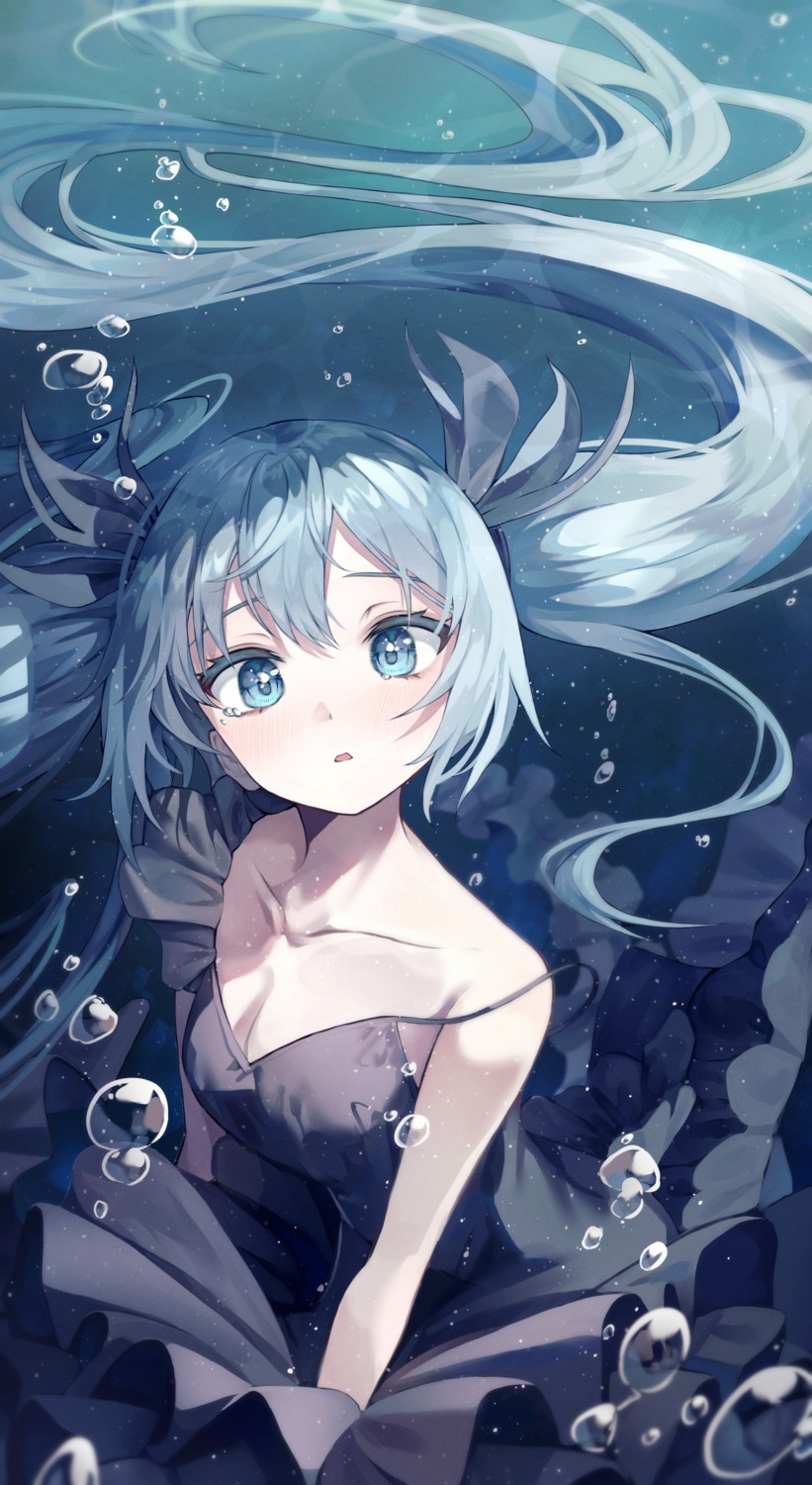 cleavage, dress, han_seol, hatsune_miku, no_bra, shinkai_shoujo_(vocaloid), skirt_lift, vocaloid