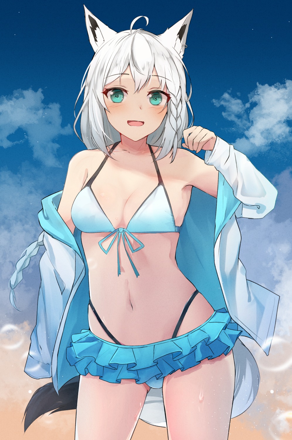 animal_ears, bikini, hololive, hololive_gamers, kitsune, open_shirt, shirakami_fubuki, shuuzo3, swimsuits, tail, wet