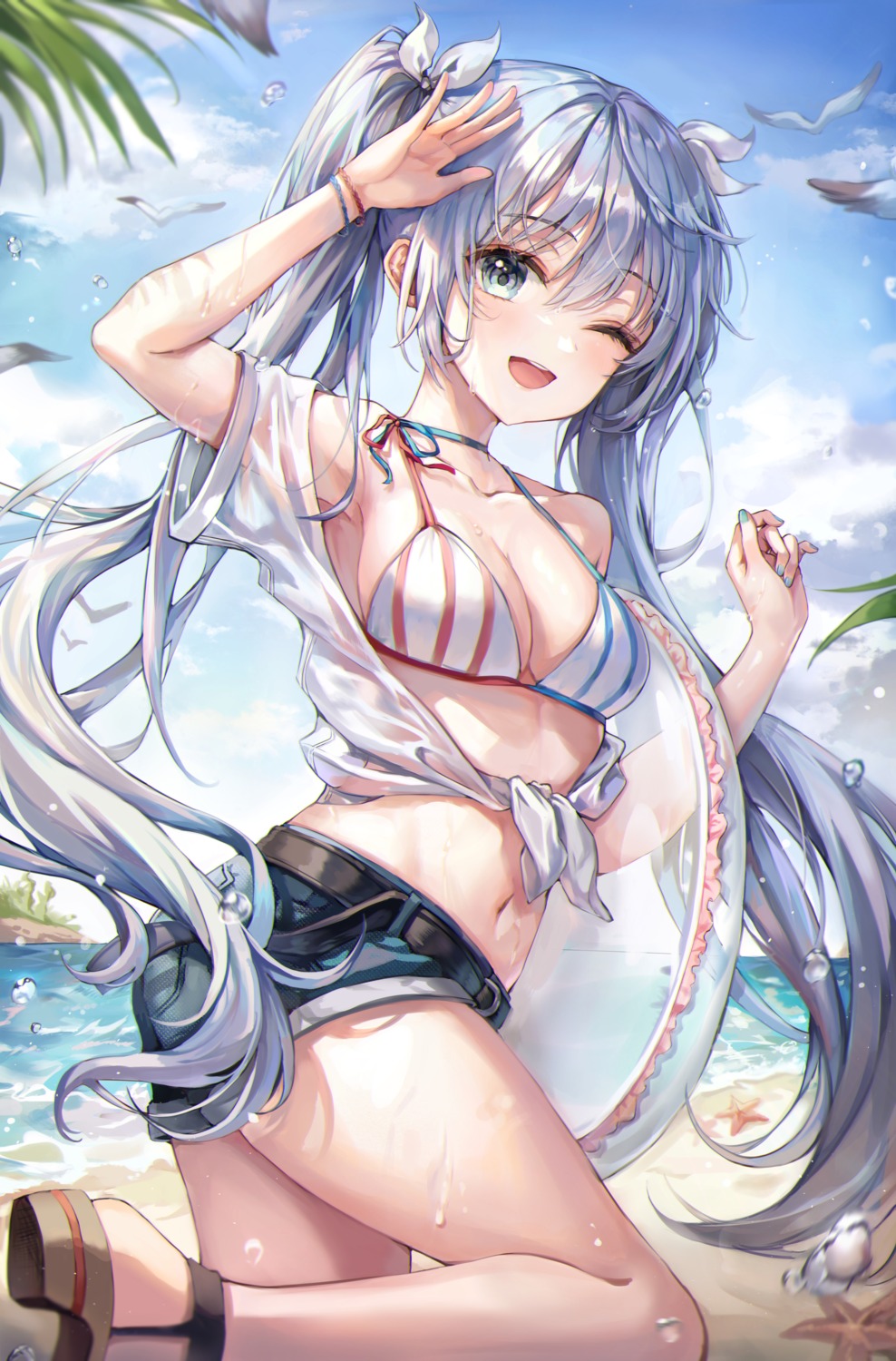 bikini_top, hatsune_miku, open_shirt, see_through, starlime, swimsuits, vocaloid