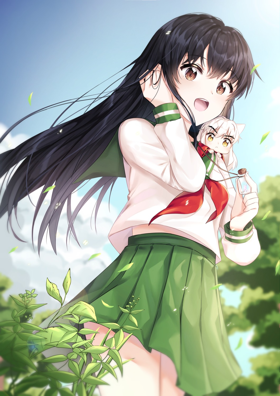 animal_ears, chibi, higurashi_kagome, inumimi, inuyasha, inuyasha_(character), kuro_(rudyan0128), seifuku