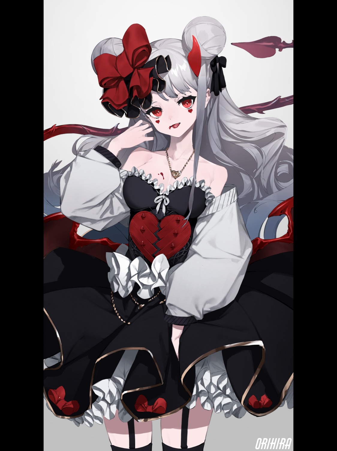 blood, dress, horns, orihira, skirt_lift, stockings, tail, thighhighs, wings