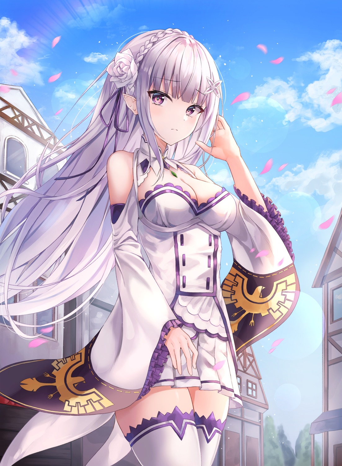 cleavage, dress, elf, emilia_(re_zero), lkeris, no_bra, pointy_ears, re:zero_kara_hajimeru_isekai_seikatsu