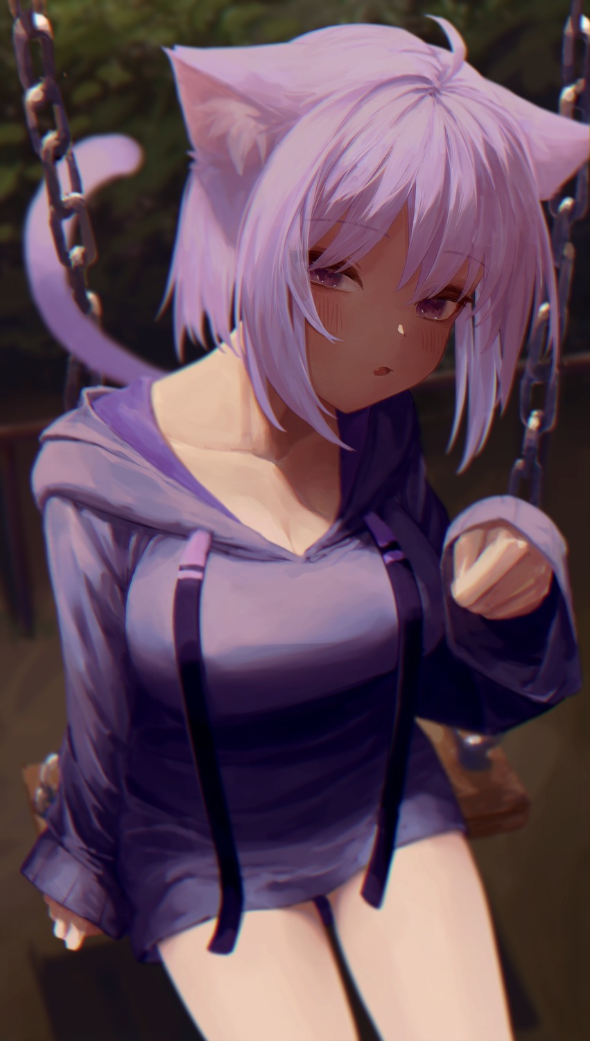 animal_ears, cleavage, hololive, hololive_gamers, nanome_to, nekomata_okayu, nekomimi, tail