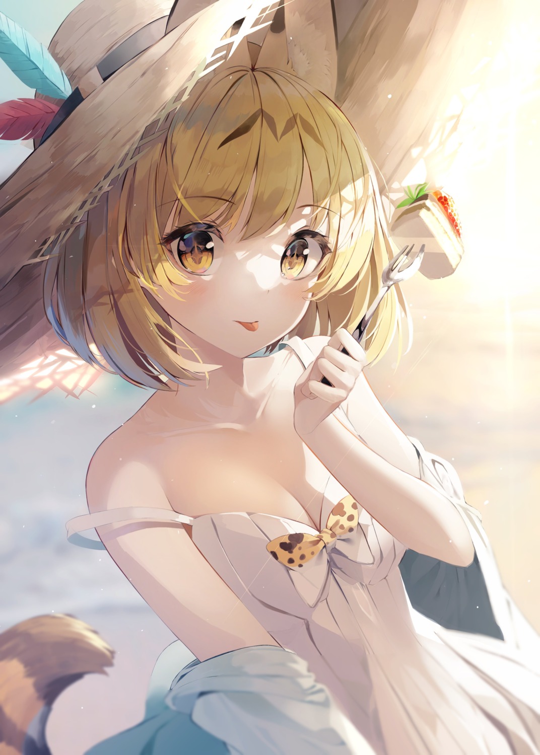 animal_ears, animal_ears_(artist), dress, kemono_friends, no_bra, serval, summer_dress, tail