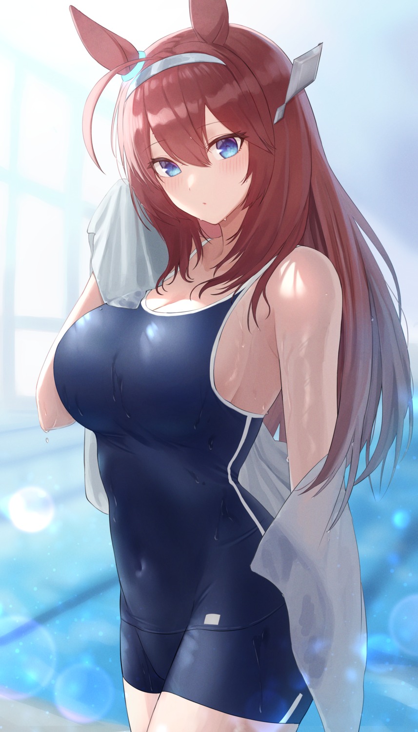animal_ears, hiroserii, mihono_bourbon_(umamusume), school_swimsuit, swimsuits, uma_musume_pretty_derby, wet