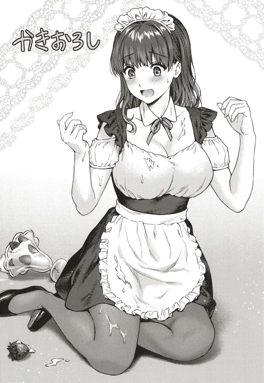 cleavage, cream, maid, monochrome, pantyhose, yuyama_chika