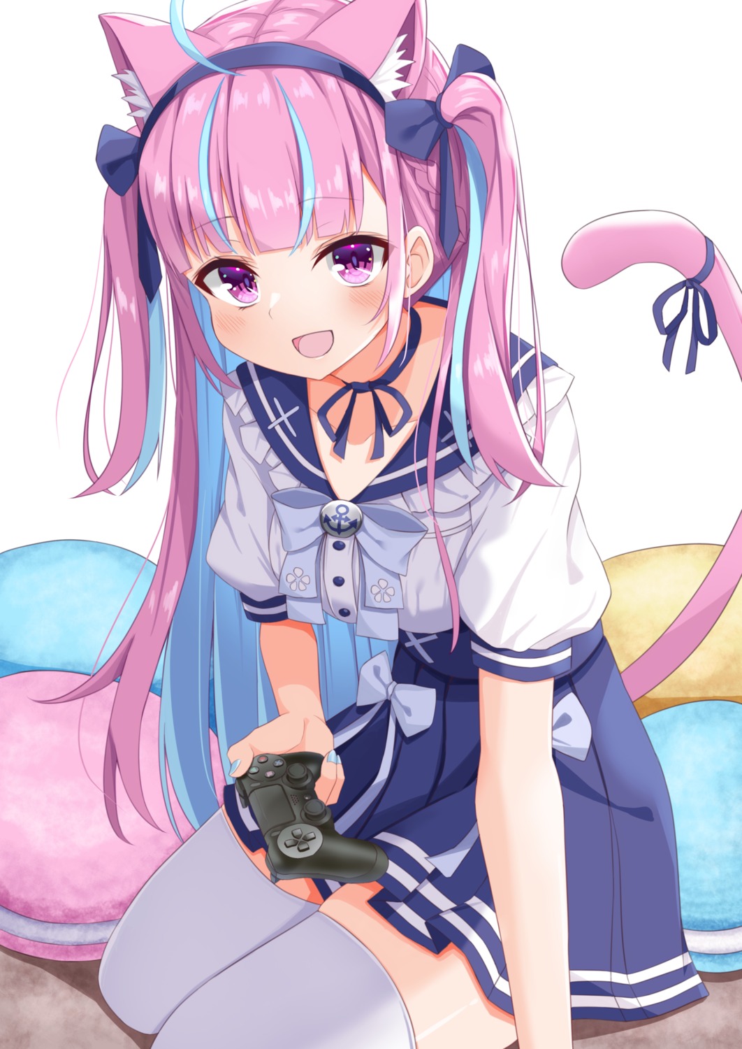 animal_ears, divergenceok, hololive, minato_aqua, nekomimi, seifuku, tail, thighhighs