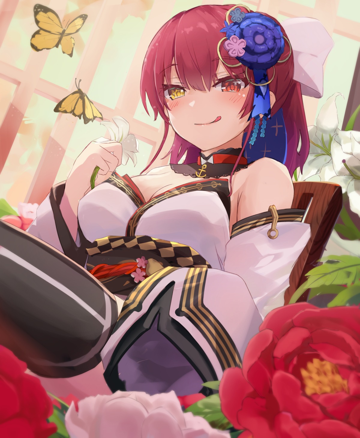 cleavage, heterochromia, hololive, houshou_marine, japanese_clothes, remini, thighhighs