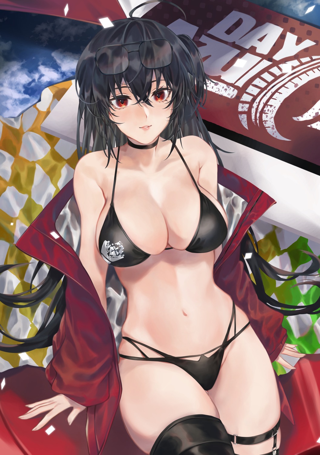 azur_lane, bikini, garter, karen_ngao, megane, open_shirt, stockings, swimsuits, taihou_(azur_lane), thighhighs