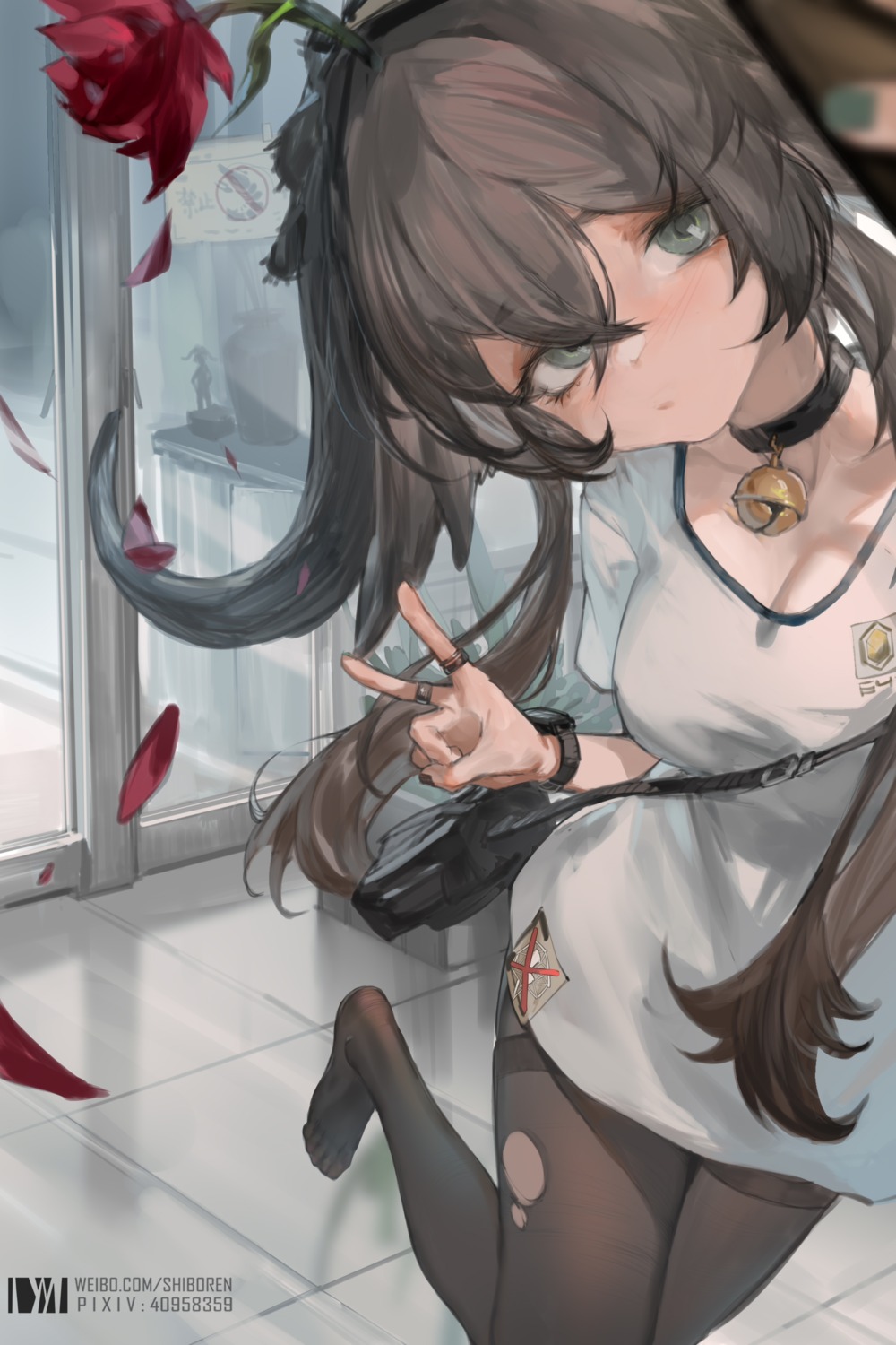 arknights, cleavage, dm_(dai_miao), dress, pallas_(arknights), pantyhose, torn_clothes