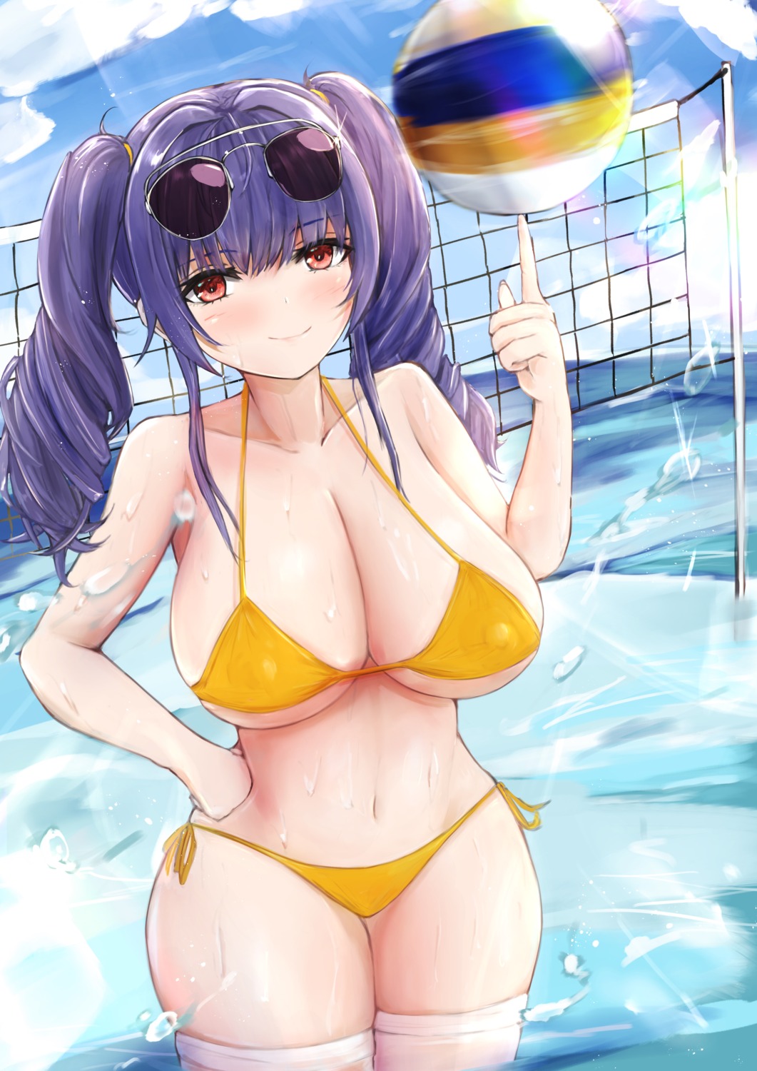 azur_lane, bikini, erect_nipples, megane, pola_(azur_lane), swimsuits, takahasho, thighhighs, wet