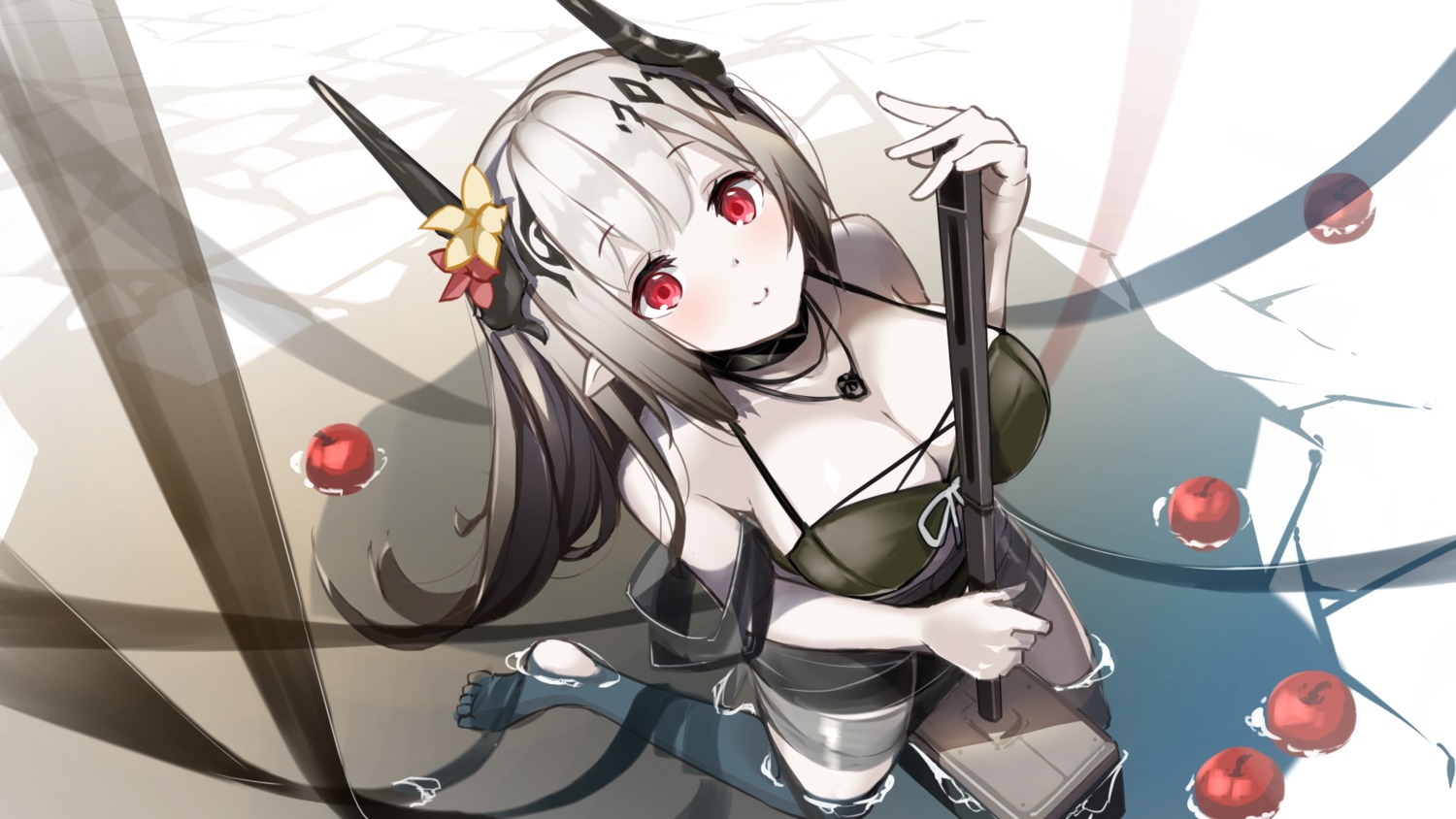 arknights, hellnyaa, horns, mudrock_(arknights), no_bra, pointy_ears, thighhighs, weapon