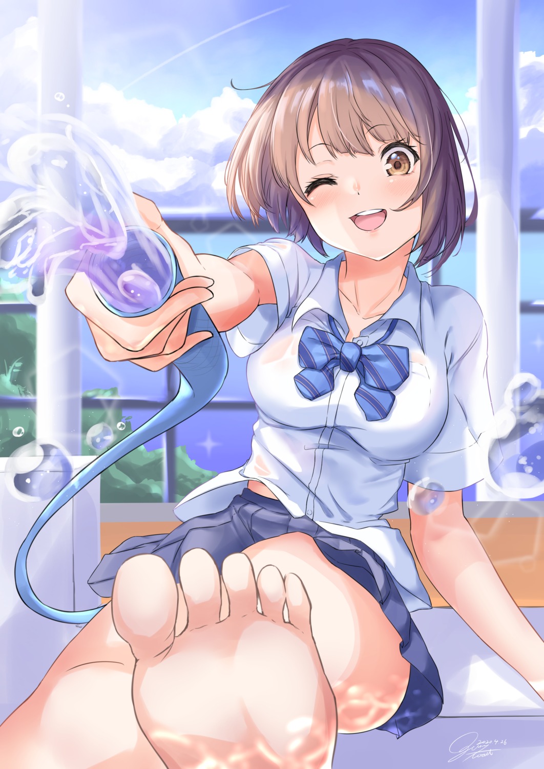 feet, ogura_toast, see_through, seifuku, skirt_lift, wet