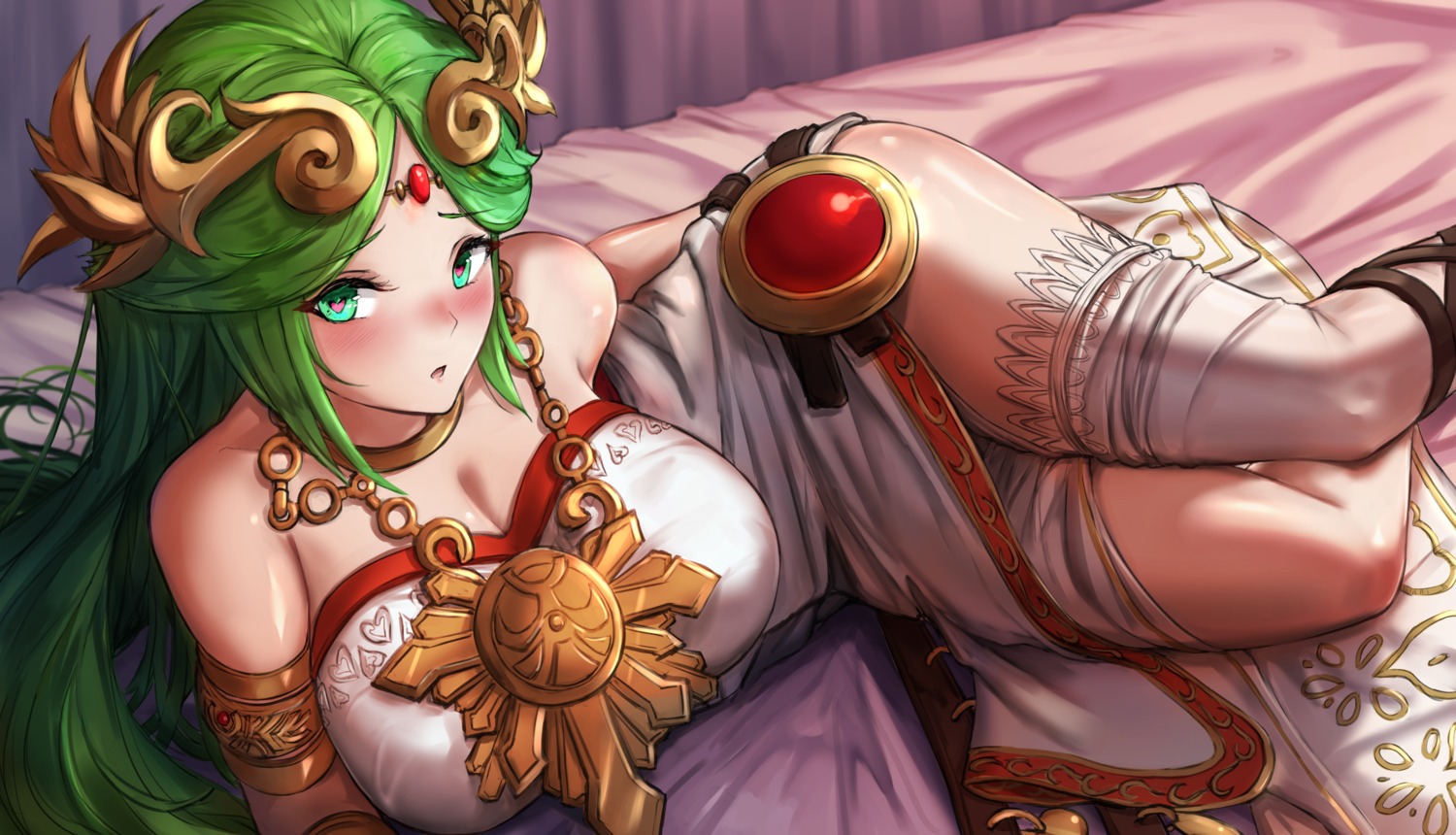cleavage, dress, ippers, kid_icarus, palutena, skirt_lift, thighhighs