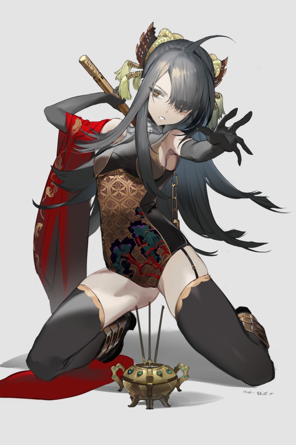 asian_clothes, cameltoe, leotard, shirentutu, stockings, thighhighs, weapon