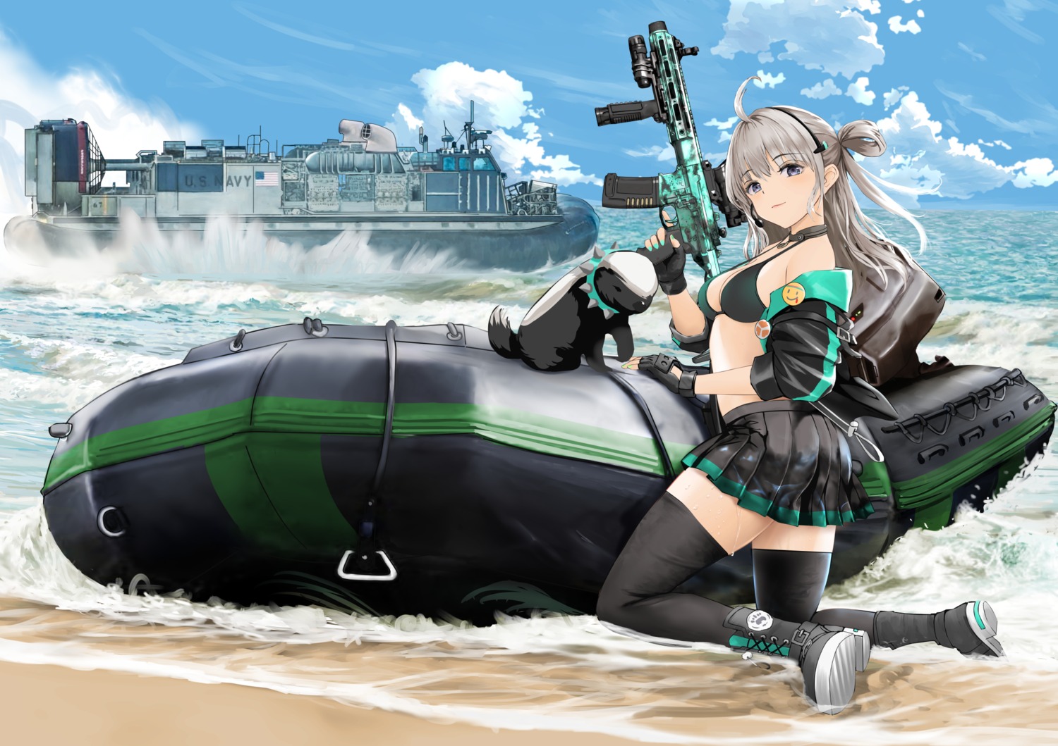 bikini_top, gibun_(sozoshu), girls_frontline, gun, honey_badger_(girls_frontline), open_shirt, swimsuits, thighhighs, wet
