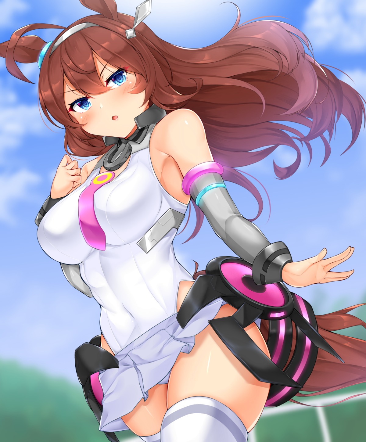 animal_ears, leotard, mihono_bourbon_(umamusume), skirt_lift, tail, thighhighs, tokoya_(ex-hetare), uma_musume_pretty_derby