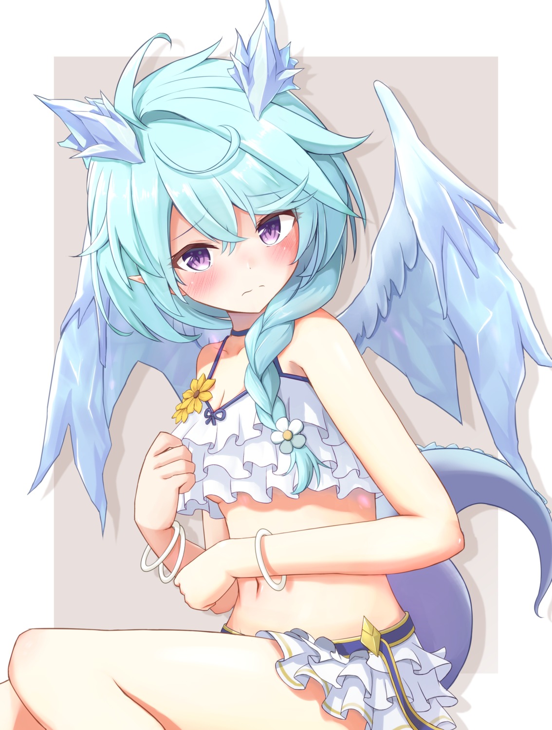 bikini, horns, pointy_ears, princess_connect!, princess_connect!_re:dive, shefi, skirt_lift, swimsuits, tagme, tail, wings