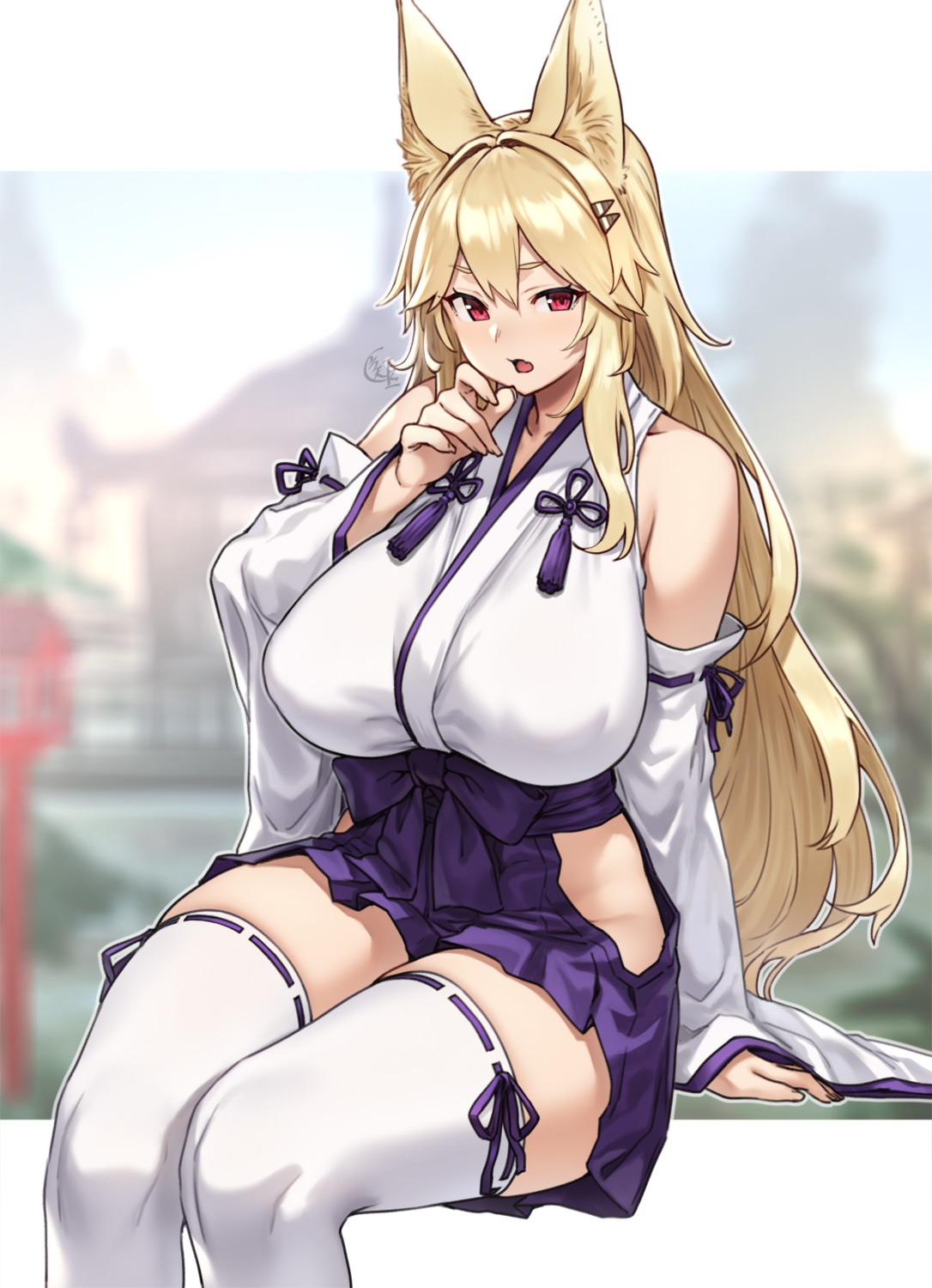 animal_ears, erect_nipples, houtengeki, japanese_clothes, kitsune, nopan, thighhighs