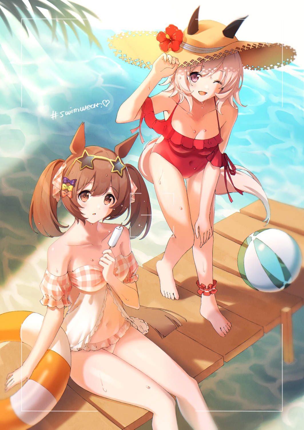 animal_ears, bikini, curren_chan_(umamusume), kiwi0314, megane, smart_falcon_(umamusume), swimsuits, tail, uma_musume_pretty_derby, wet